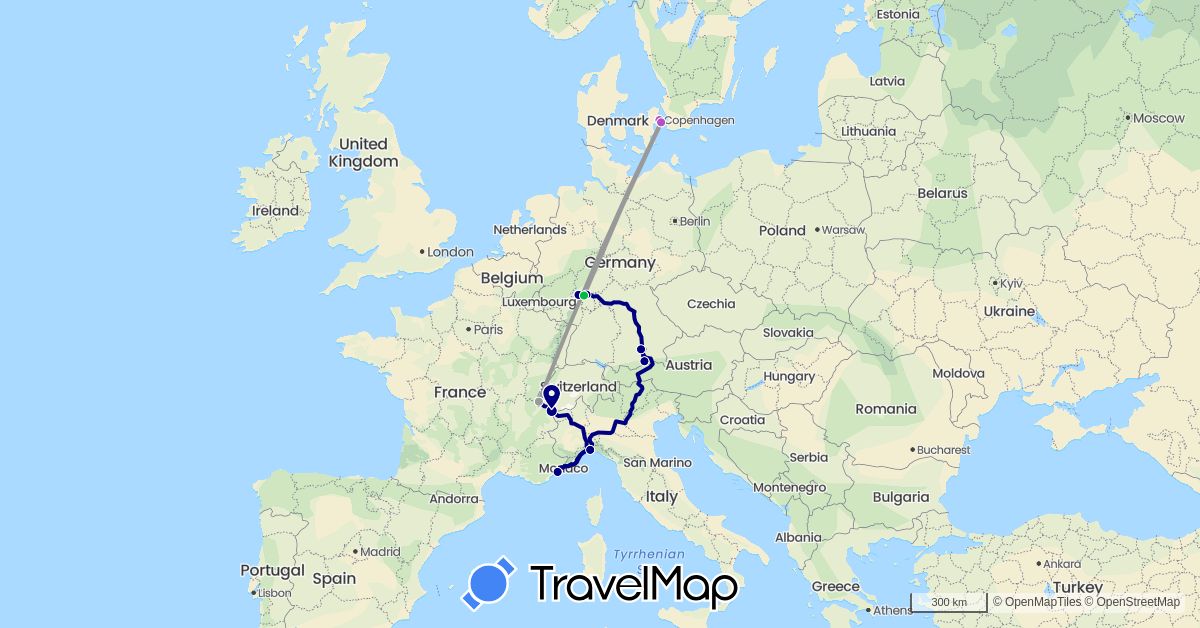 TravelMap itinerary: driving, bus, plane, train in Switzerland, Germany, Denmark, France, Italy (Europe)